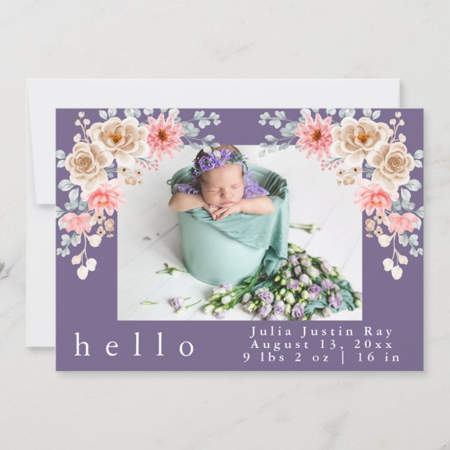 Convite Blush Photo Welcoming Newborn Girl Birth Stat (Frente)