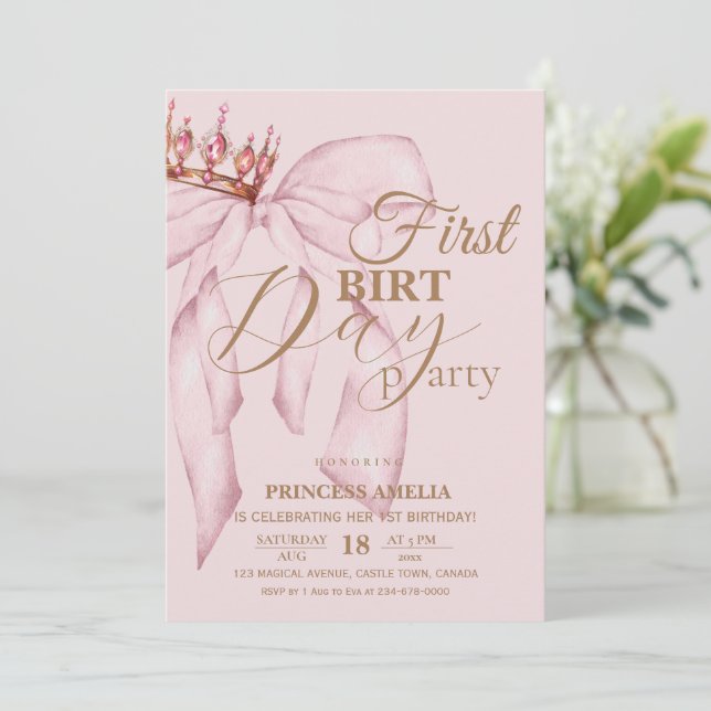 Convite Blush Pink and Gold Bow First Birthday Party (Em pé/Frente)