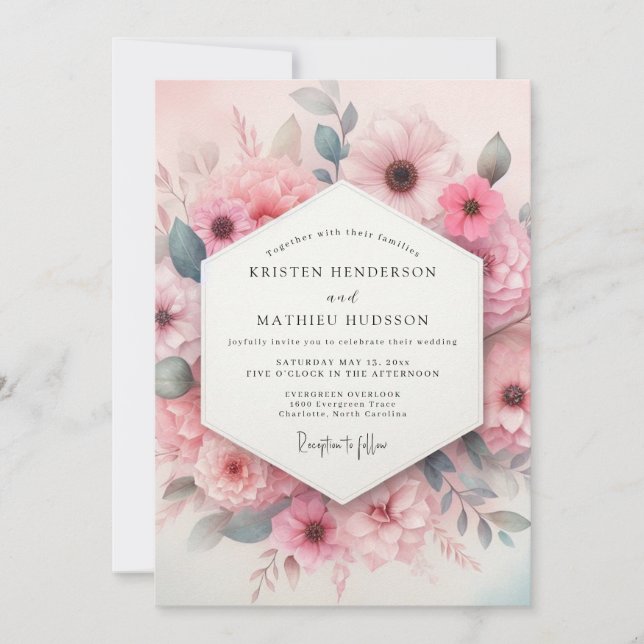 Convite Blush Pink Aquarelle Bloom Wedding (Frente)