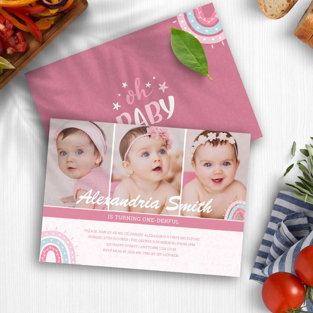 Convite Blush Pink Baby Girl - Foto maravilhosa do primeir (Cute Baby Girl Pink Boho Onederful 1st Birthday Invitation
)
