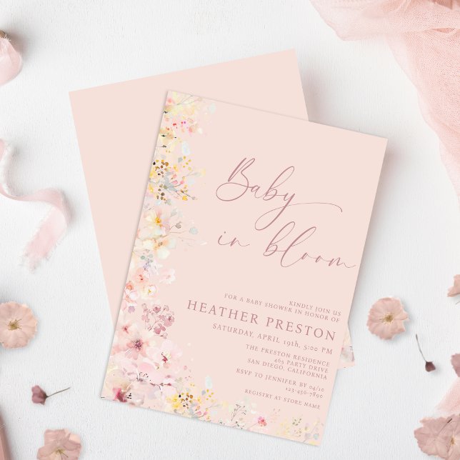 Convite Blush Pink Baby In Bloom Wildflower QR Baby Shower (Criador carregado)