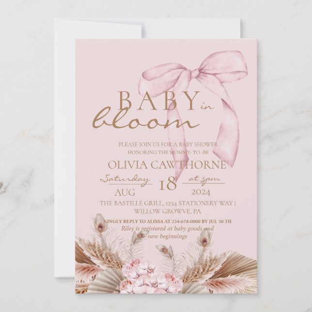 Convite Blush Pink Boho Baby in bloom Baby Shower  (Frente)