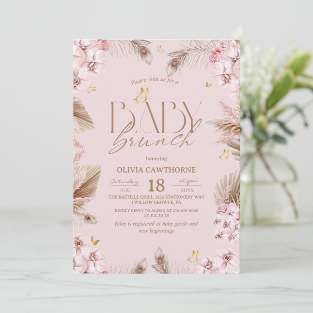 Convite  Blush Pink Boho Baby Shower Girl Baby Brunch  (Em pé/Frente)