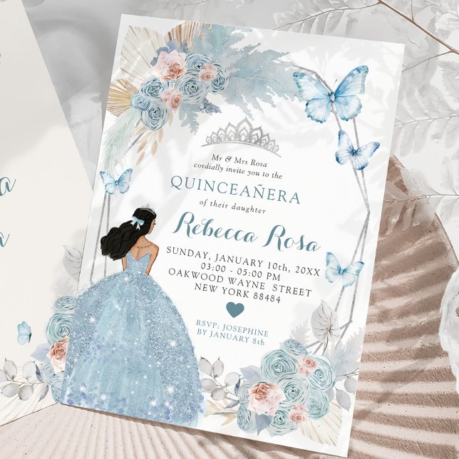 Convite Blush Pink Boho Blue Princesa Royal Quinceañera (Criador carregado)