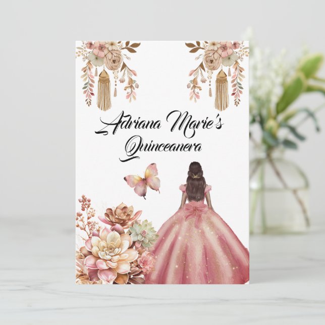 Convite Blush Pink Boho Quinceanera (Em pé/Frente)