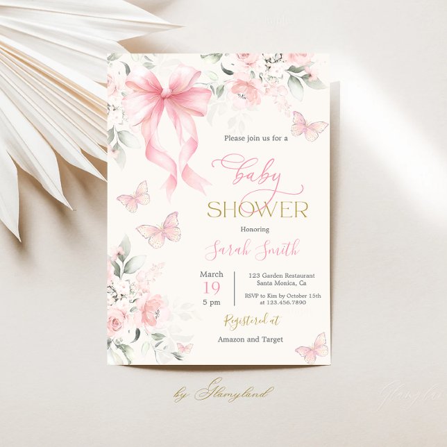Convite Blush Pink Bow Baby Shower Girl (Criador carregado)