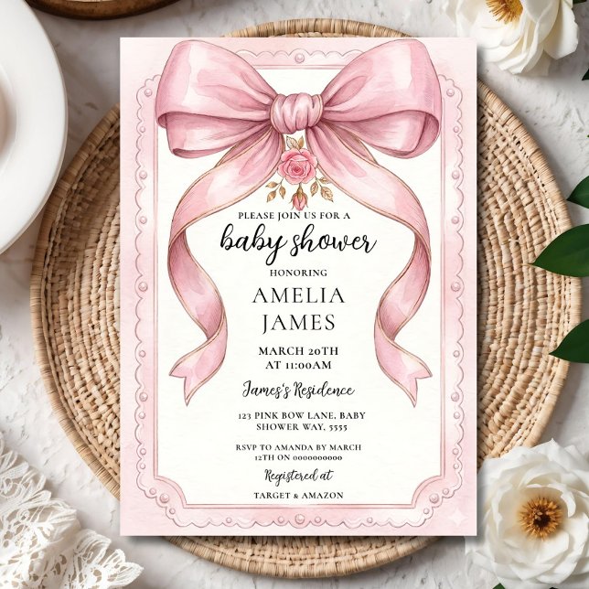 Convite Blush Pink Bow Baby Shower Invitation Editable Ele (Criador carregado)