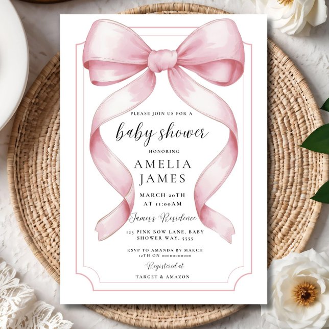 Convite Blush Pink Bow Baby Shower Invitation Editable Ele (Criador carregado)