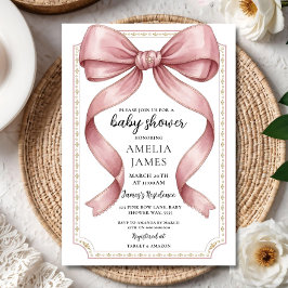 Convite Blush Pink Bow Baby Shower Invitation Editable Ele