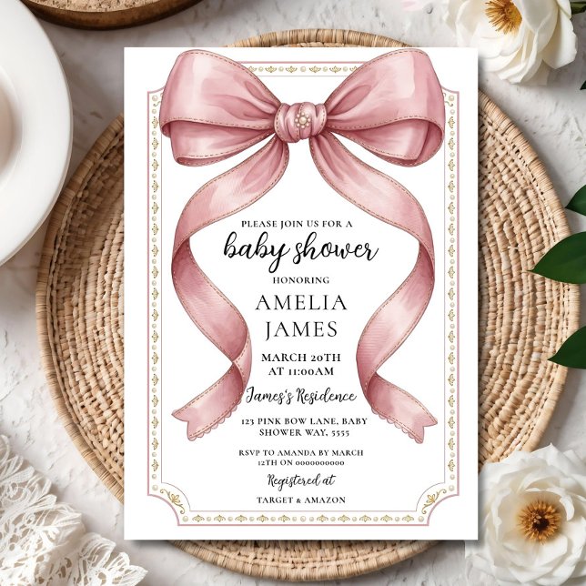 Convite Blush Pink Bow Baby Shower Invitation Editable Ele (Criador carregado)