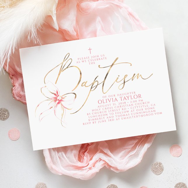 Convite Blush Pink Bow Elegant Minimalist Girl Baptism (Pink Bow Baptism Invitation)