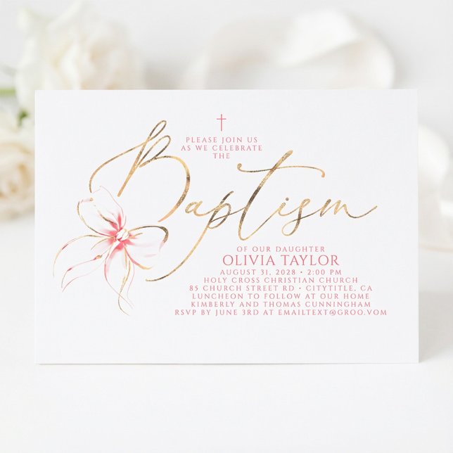 Convite Blush Pink Bow Elegant Minimalist Girl Baptism (Pink Bow Girl Baptism Invitation)
