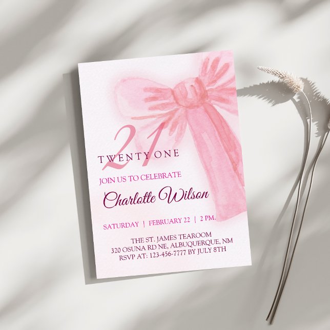 Convite Blush Pink Bow Elegant Twenty-One Birthday (Criador carregado)