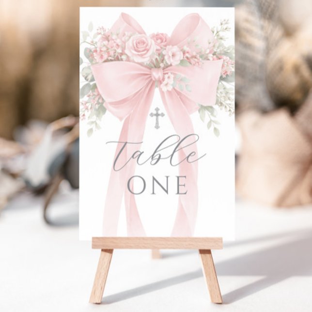 Convite Blush Pink Bow Floral Baptism Table Number (Criador carregado)