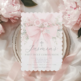 Convite Blush Pink Bow Floral First Holy Communion