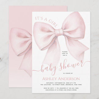 Convite Blush Pink Bow It's a Girl Baby Shower