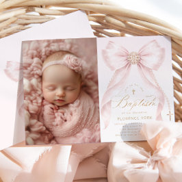 Convite Blush Pink Bow Pearls Gold Cross photo Baptism