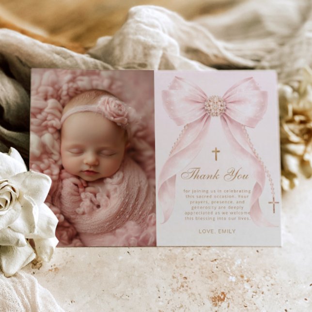 Convite Blush Pink Bow Photo Baptism Thank you Card (Criador carregado)