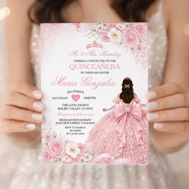 Convite Blush Pink Bow Princess Floral Girl Quinceañera (Criador carregado)