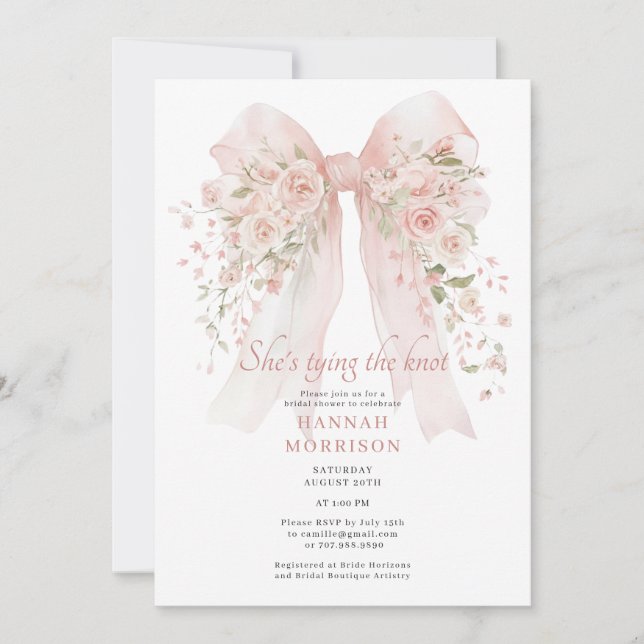 Convite Blush Pink Bow She's Tying the Knot Bridal Shower (Frente)