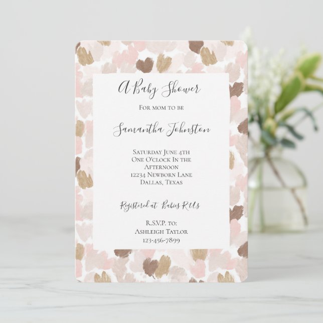 Convite Blush Pink Brown Cream Hearts Baby Shower (Em pé/Frente)