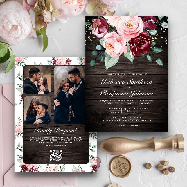 Convite Blush Pink Burgundy Floral Código QR Casamento de  (Criador carregado)