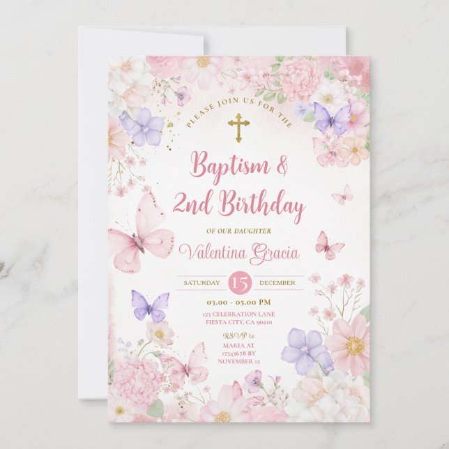 Convite Blush Pink Butterfly Girl 2nd Birthday Baptism (Frente)