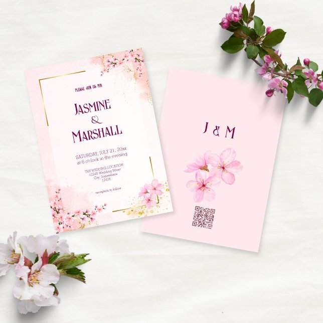 Convite Blush Pink Cherry Blossom Gold Wedding Invitation (Criador carregado)