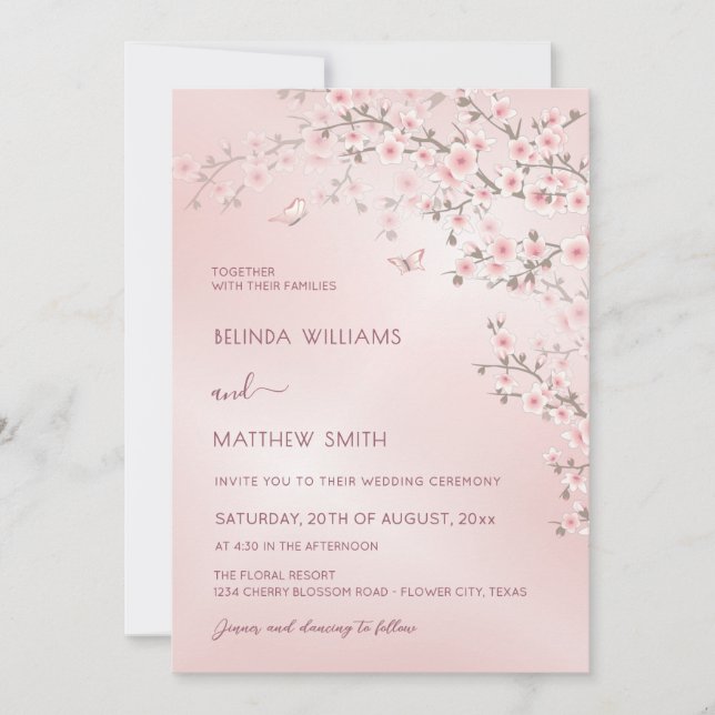 Convite Blush Pink Cherry Blossom Photo Wedding (Frente)