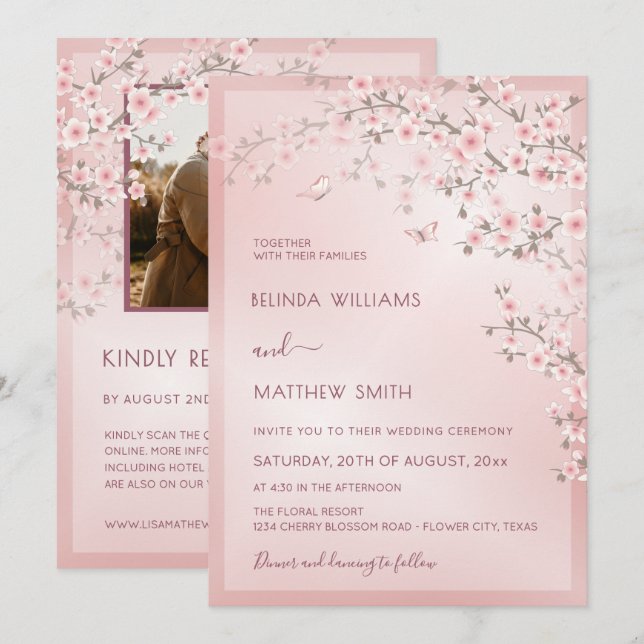 Convite Blush Pink Cherry Blossom Photo Wedding (Frente/Verso)
