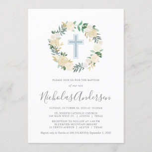 Convite Blush Pink Cross com Cream Florals, Boy Baptism
