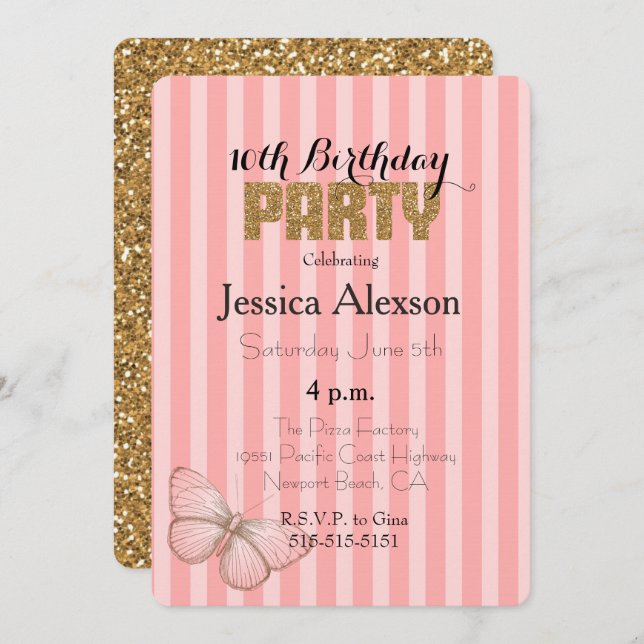 Convite Blush Pink Dourado Confetti Glitter 16º Aniversári (Frente/Verso)