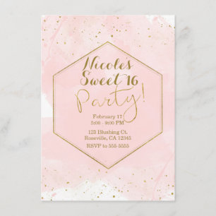 Convite Blush Pink & Dourado Splatter Modern Sweet 16 Part