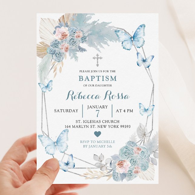 Convite Blush Pink e Boho Blue Butterfly Girl Baptism (Criador carregado)