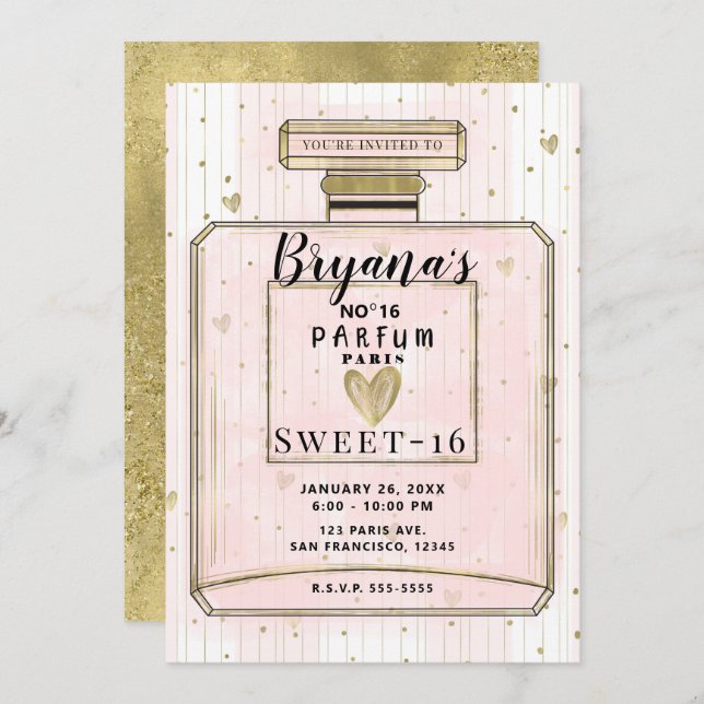 Convite Blush Pink e Dourado Paris Parfum Sweet 16 Anivers (Frente/Verso)