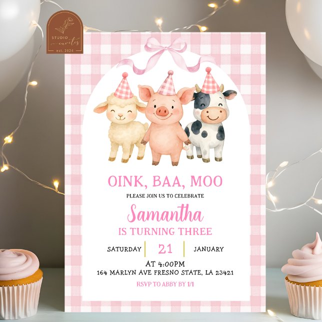 Convite Blush Pink Farm Party Gingham Birthday (Criador carregado)
