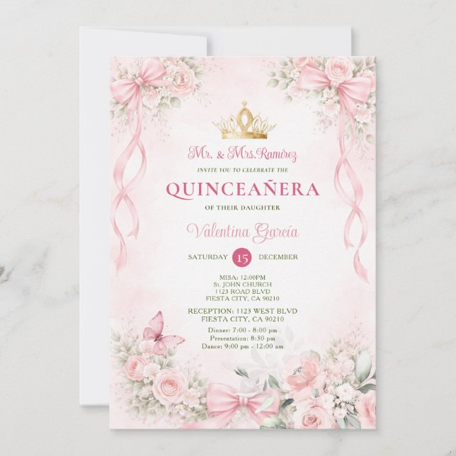Convite Blush Pink Floral Bow Ribbon Quinceañera (Frente)