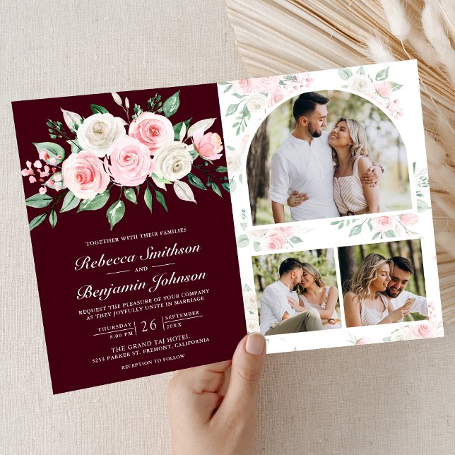 Convite Blush Pink Floral Burgundy QR Code Wedding (Criador carregado)