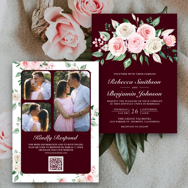 Convite Blush Pink Floral Burgundy QR Code Wedding (Criador carregado)
