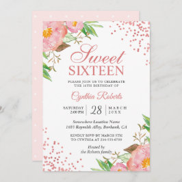 Convite Blush Pink Floral Confetti Sweet 16 Festa de anive