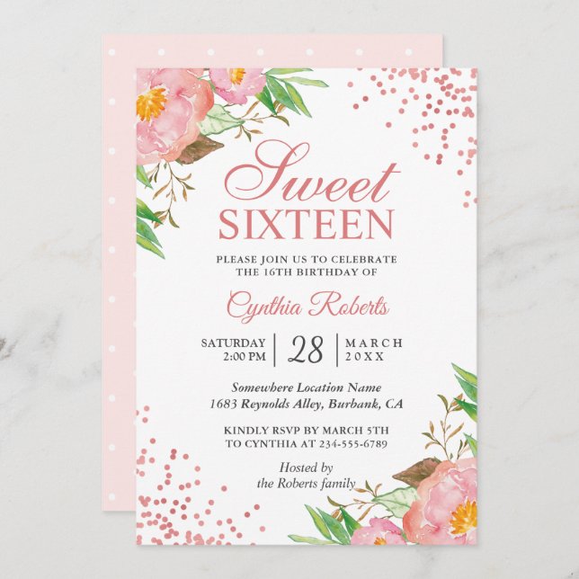 Convite Blush Pink Floral Confetti Sweet 16 Festa de anive (Frente/Verso)
