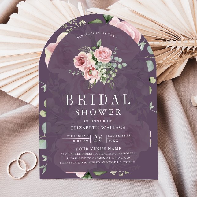 Convite Blush Pink Floral Dusty Purple Bridal Shower (Criador carregado)