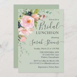 Convite Blush Pink Floral em Sage Green Bridal Luncheon