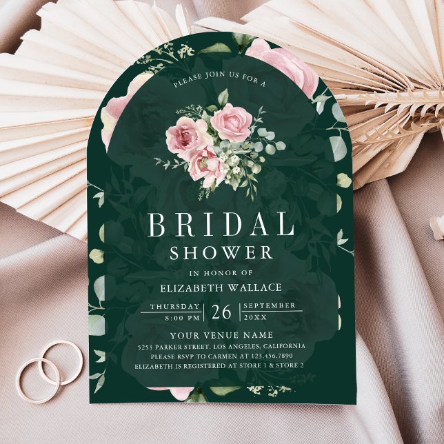 Convite Blush Pink Floral Emerald Green Bridal Shower (Criador carregado)