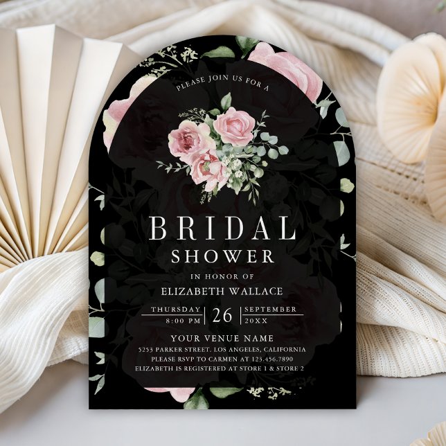 Convite Blush Pink Floral Eucalyptus Black Bridal Shower (Criador carregado)