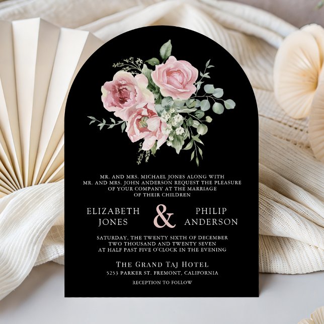 Convite Blush Pink Floral Eucalyptus Black QR Code Wedding (Criador carregado)