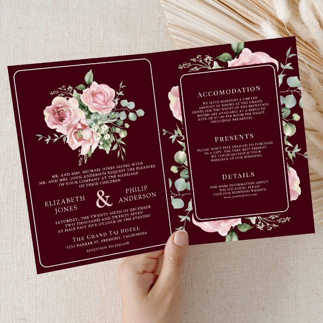 Convite Blush Pink Floral Eucalyptus Burgundy Wedding (Criador carregado)