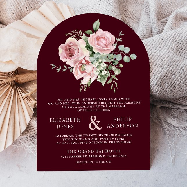 Convite Blush Pink Floral Eucalyptus Burgundy Wedding (Criador carregado)