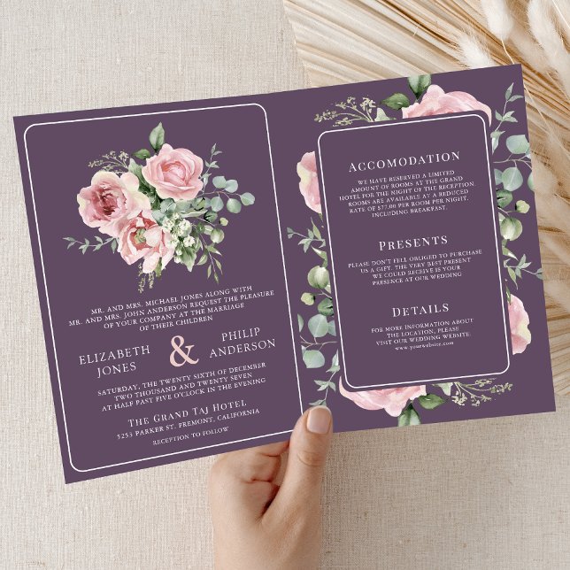 Convite Blush Pink Floral Eucalyptus Dusty Purple Wedding (Criador carregado)