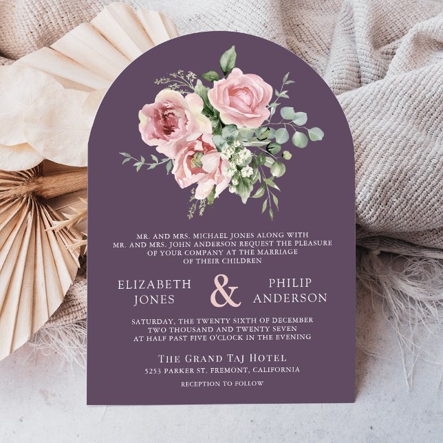 Convite Blush Pink Floral Eucalyptus Dusty Purple Wedding (Criador carregado)